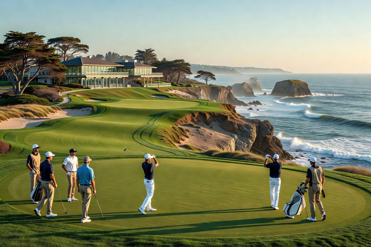 create a featured image for the US Open 2027 in Pebble Beach without words on it to showcase this trip Image rules: no text, no letters, no words, no logos, and no watermarks.